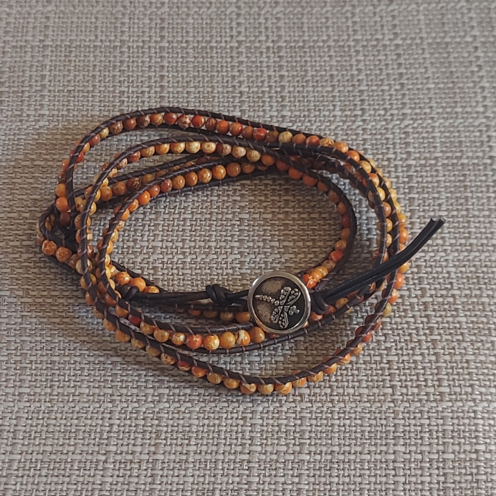 Handmade Orange Bead & Brown Leather Wrap Bracelet